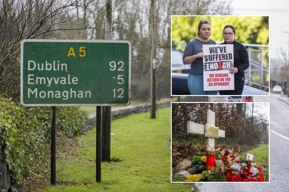 A5 road sign, bereaved family and a memorial for Julia McSorley, Christine McKane and Dan McKane