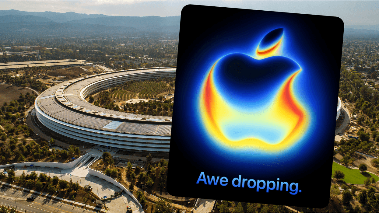Apple Park campus in California with the invite overlaid in the corner