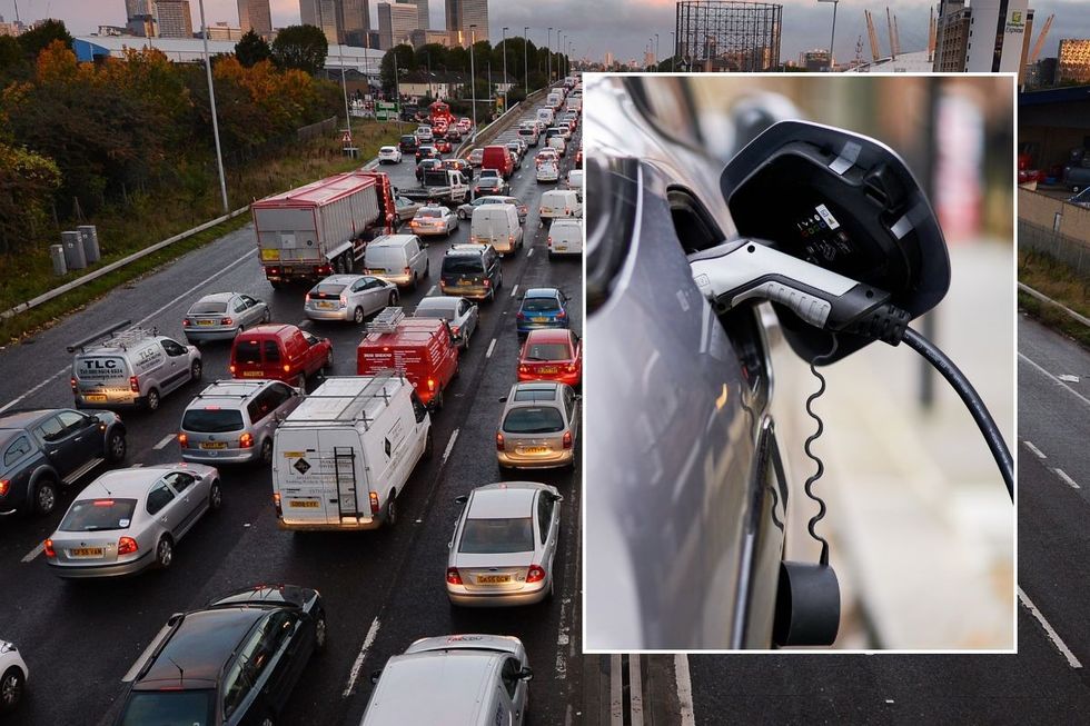Busy traffic in London and an electric vehicle charger