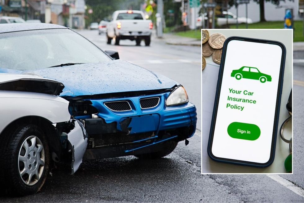 Car accident and a phone with a car insurance policy