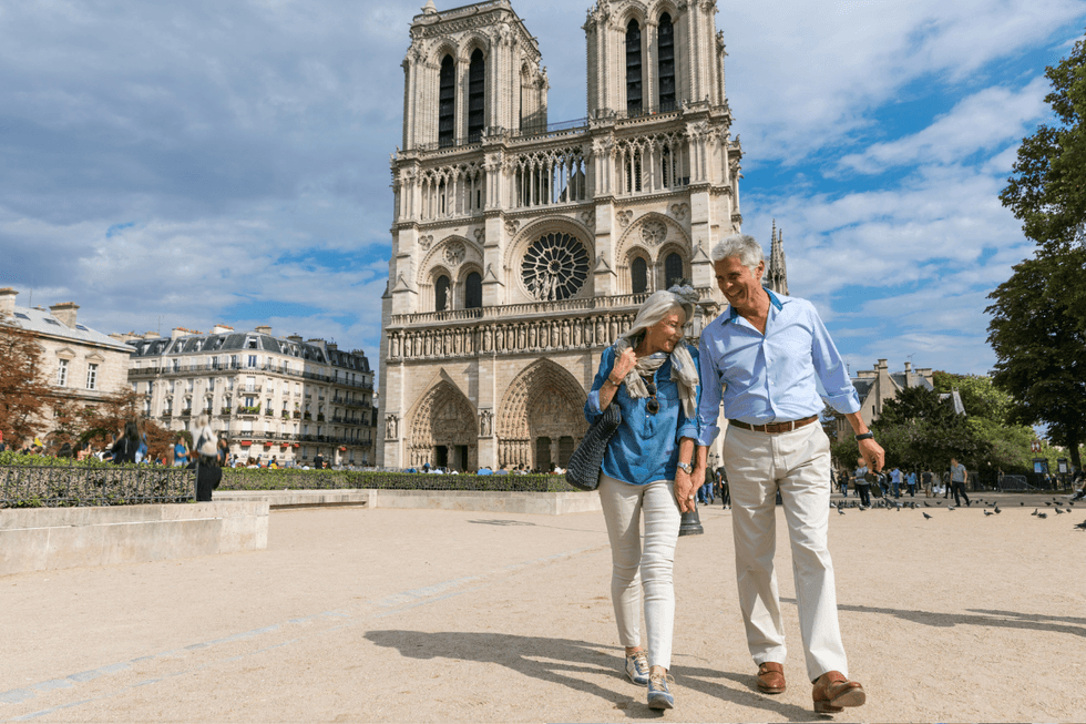 Couple walking abroad in France