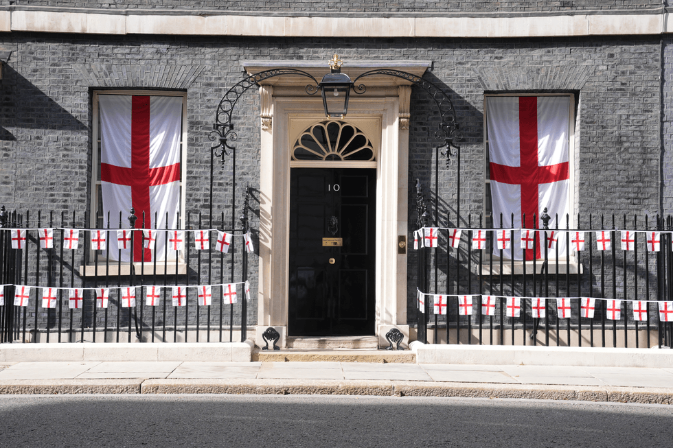 Downing Street adorned with English flags