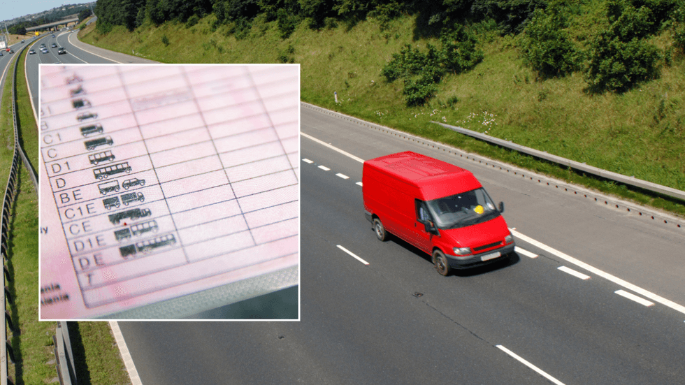 Driving licene and van on UK road