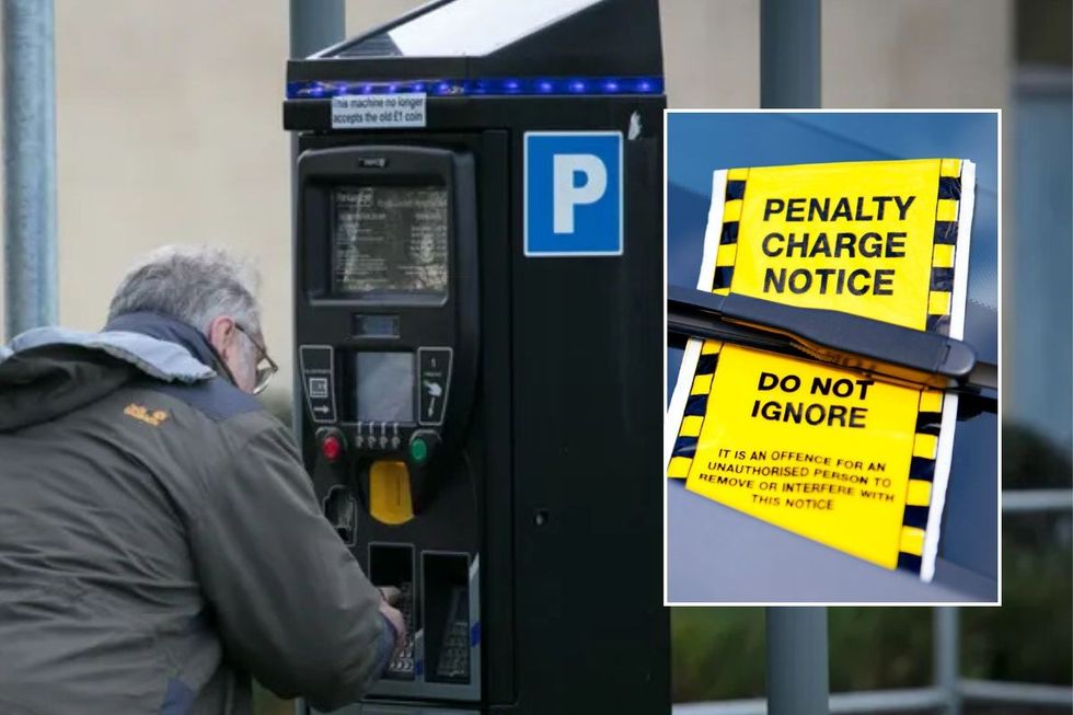 Elderly man paying for parking and a parking ticket