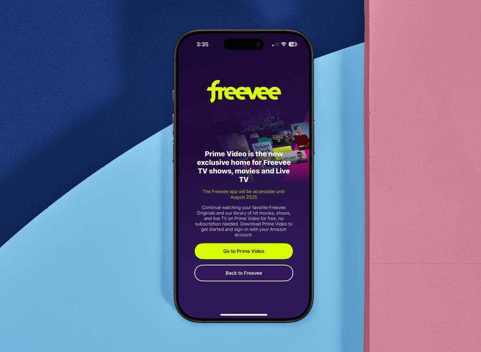 freevee warning about the switch to prime video with colourful background
