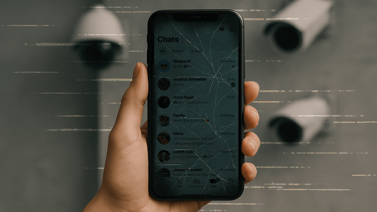 hand holding a smartphone with the text messages showing on-screen