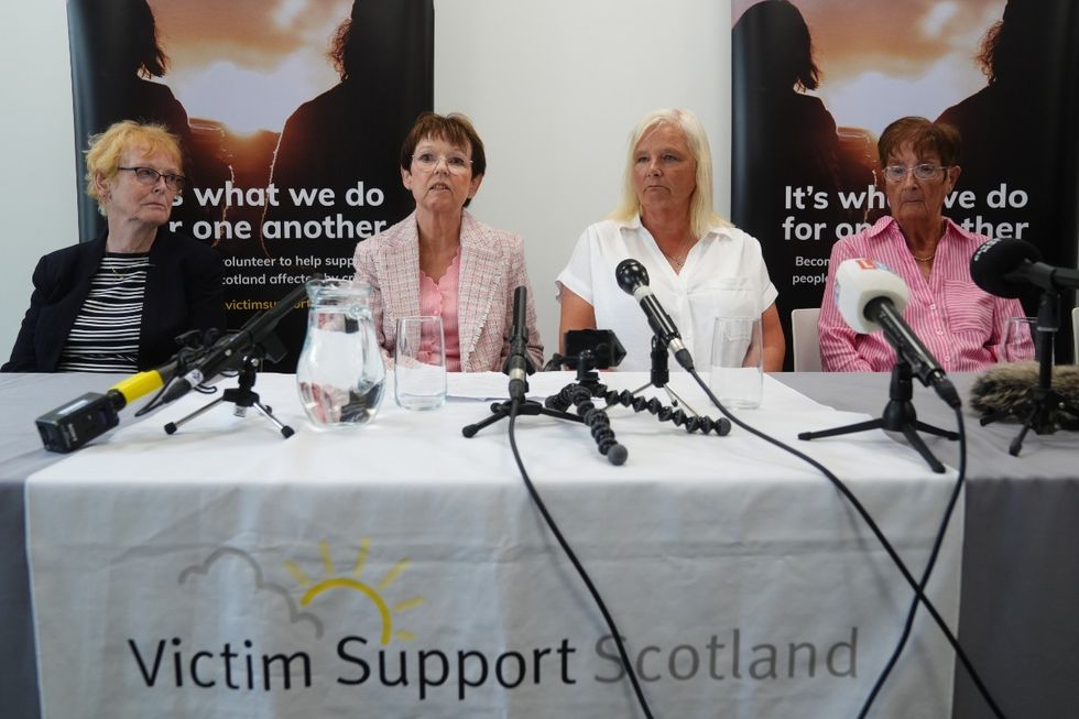Mother of Arelene Fraser, Isabelle Thompson, sister of Arlene Fraser, Carol Gillies, sister of Suzanne Pilley, Gail Fairgrieve, and mother of Suzanne Pilley, Sylvia Pilley at a press conference about Suzanne's Law, at Victim Support Scotland in Glasgow
