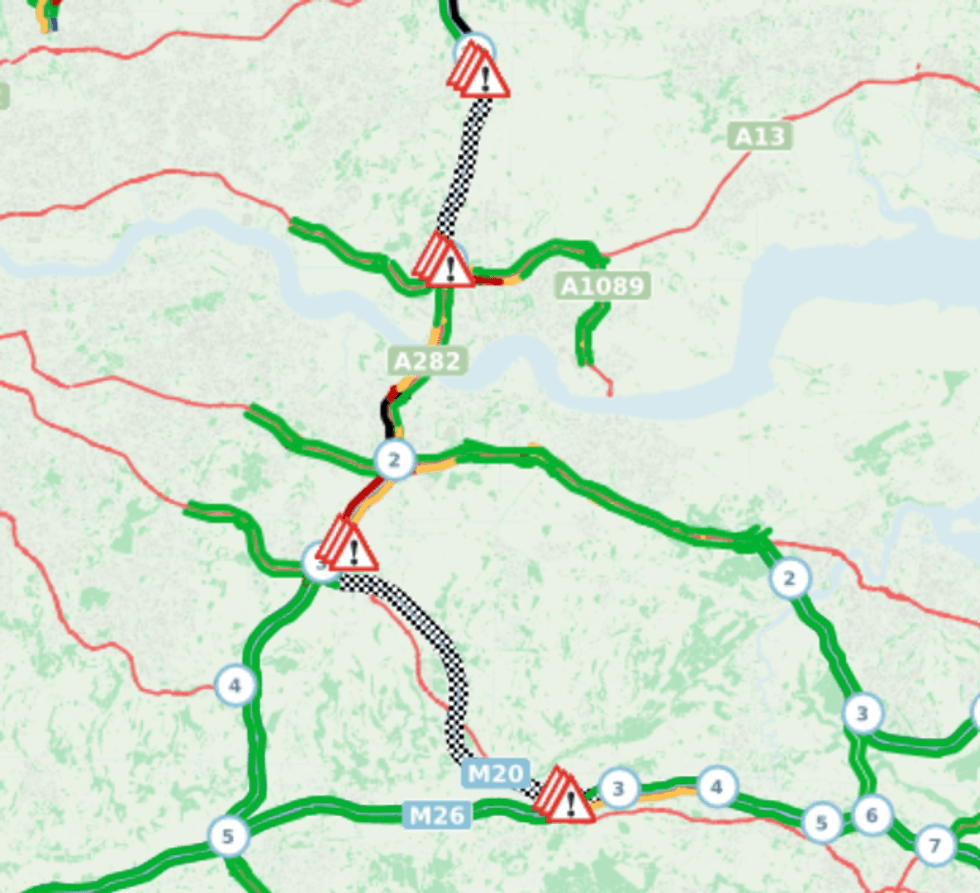 National Highways' maps show the disruption along the traffic network in Kent and Essex \u200b
