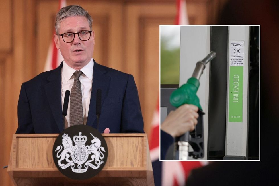 Prime Minister Keir Starmer and a petrol pump