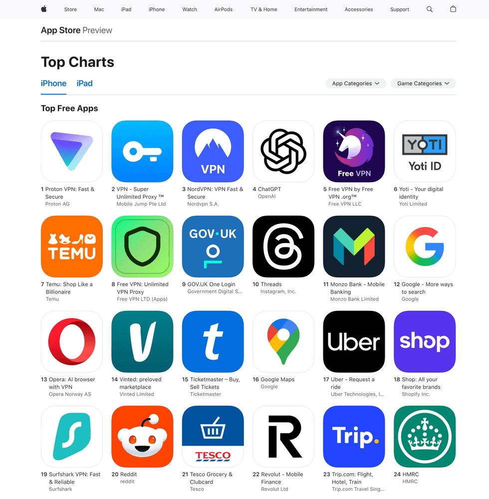 screenshot of the Apple App Store ranking showing the number of VPNs available