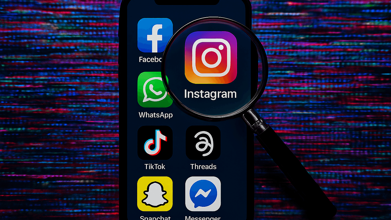 Smartphone with social media app icons displayed with magnifying glass