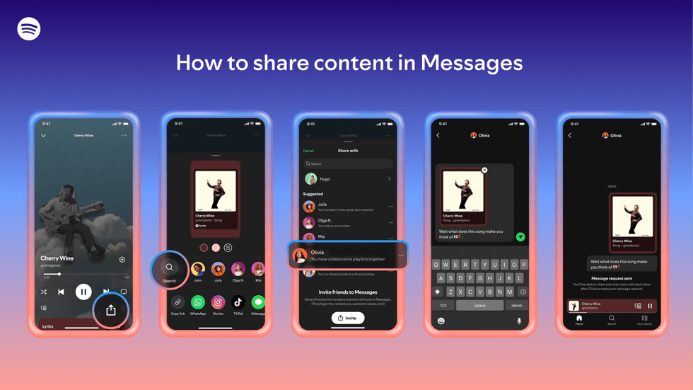 Spotify app displaying how you can share music, podcasts, and audiobooks