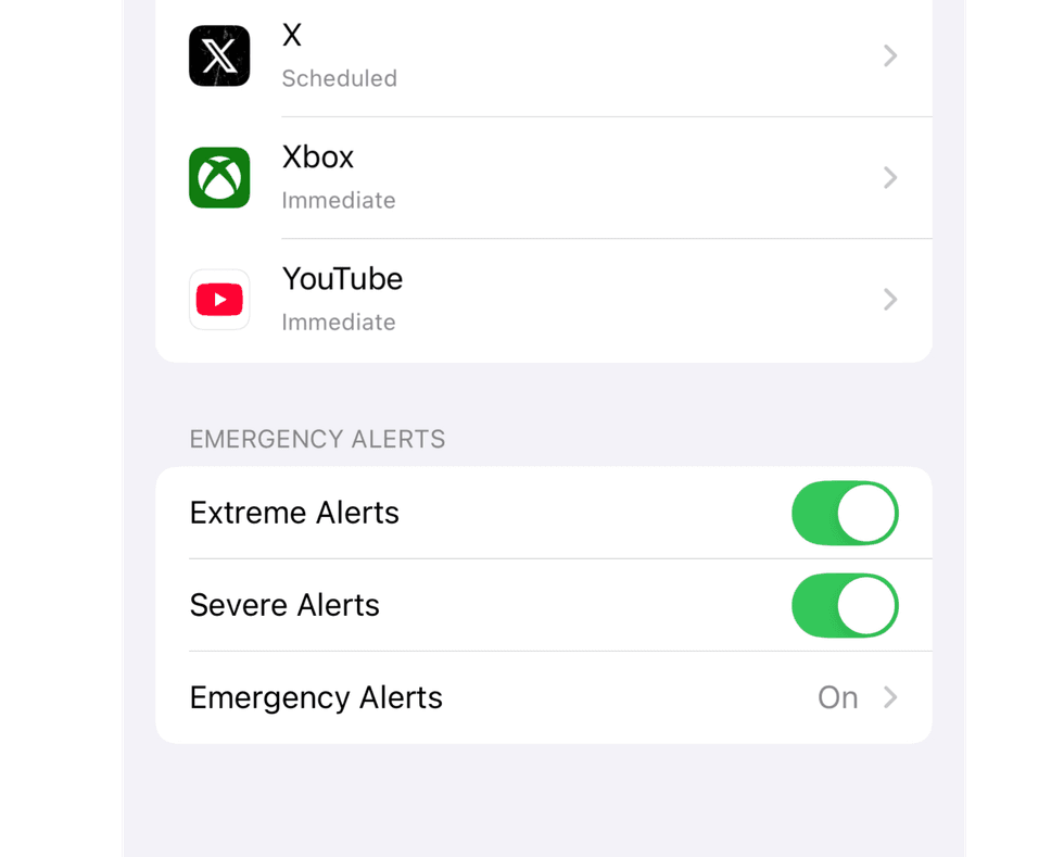 system settings with extreme alerts menu