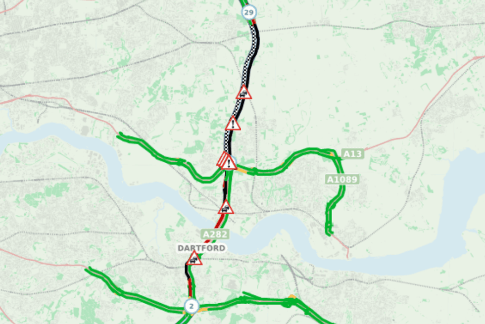 Traffic maps show long delays and road chaos as a result of the fire near the Dartford Tunnel