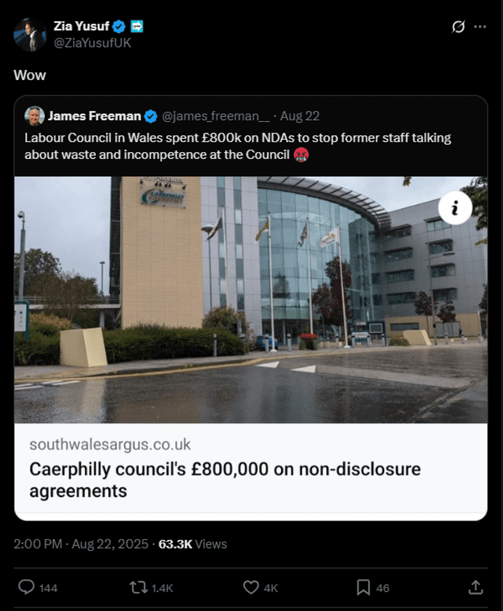 \u200bHead of DOGE for Reform UK, Zia Yusuf, reacted to the discovery