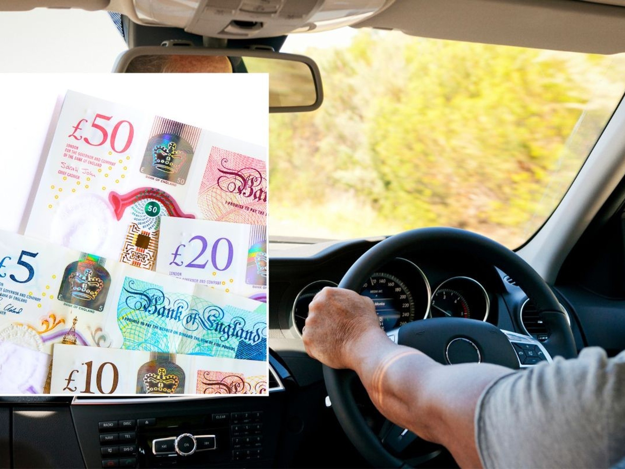 UK money and a man driving