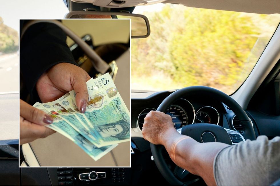 Woman holding UK money and a man driving a car