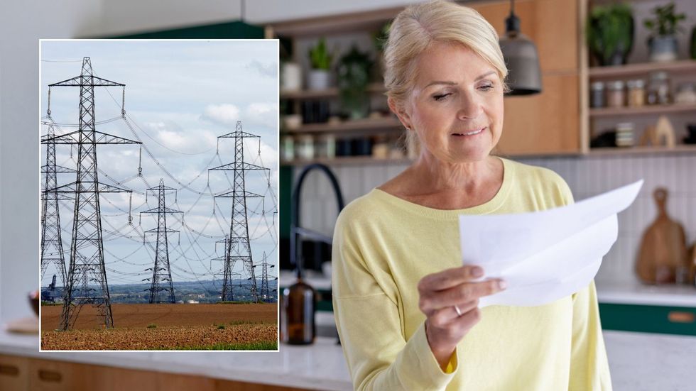 Woman looking at bills and pylon