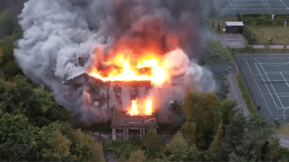 Woolton Hall on fire